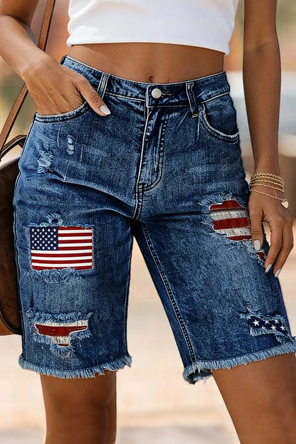 American Flag Patched Ripped Raw Hem Mid Rise Denim Bermuda Shorts