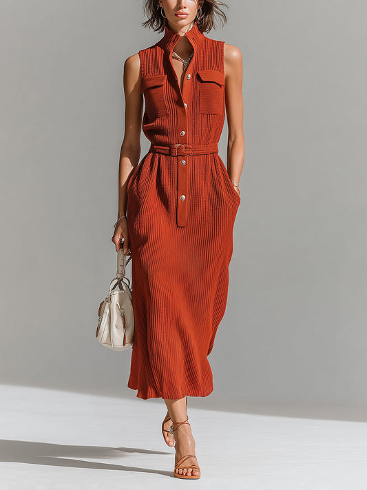 Chic Elegant Red Stand Collar Button-Front Chest Pockets Sleeveless Belted Waist Loose-Fit Ribbed Knit Maxi Dress