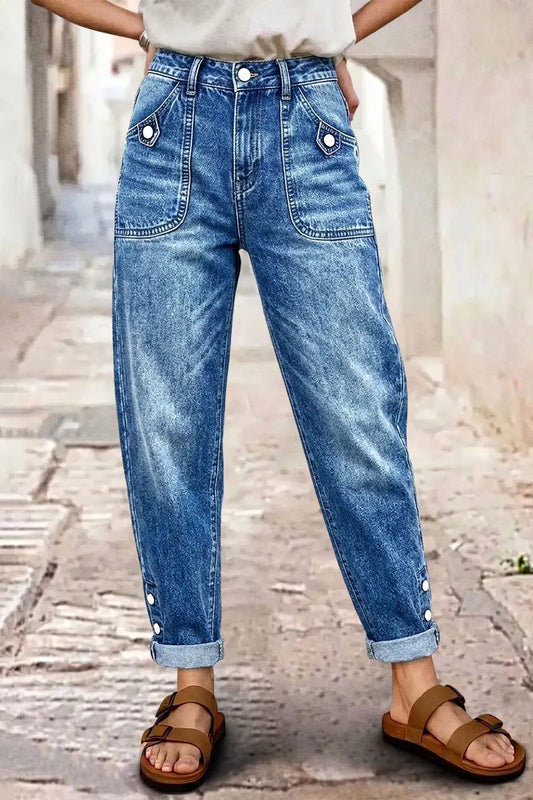 Wash Button Decor Roll Hem High Rise Crop Tapered Jeans