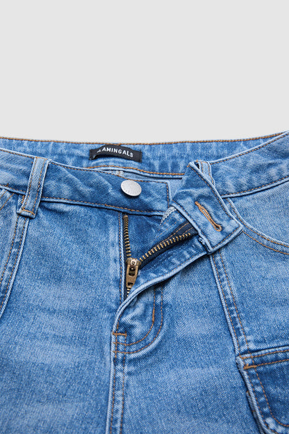 Wash Flap Pocket Stitch Detail Mid Waist Straight Leg Cropped Jeans Without Belt