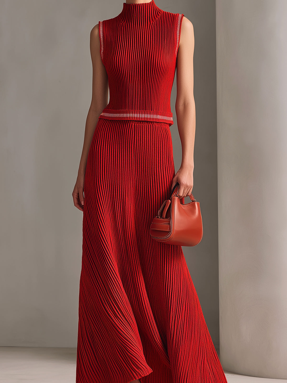 Chic Elegant Red Mock Neck Sleeveless Sweater And High Waist A-Line Maxi Skirt Ribbed Knit Two-Piece Set