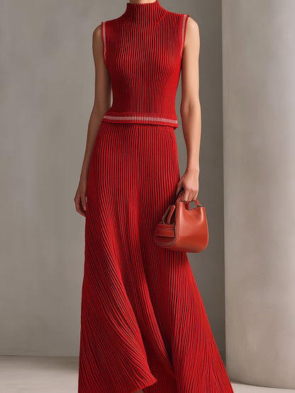 Chic Elegant Red Mock Neck Sleeveless Sweater And High Waist A-Line Maxi Skirt Ribbed Knit Two-Piece Set