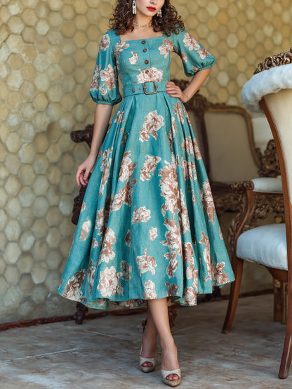 Robe midi en lin, manches courtes, col carré, motif floral, ceinture, vacances, style vintage, cyan