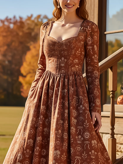 Robe midi en lin, manches longues, col en cœur, motif floral, vintage, couleur caramel