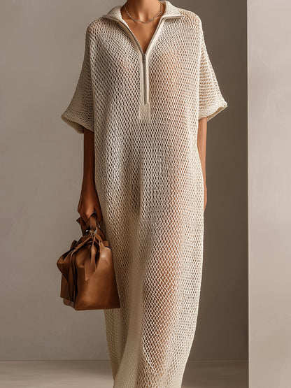 Chic Elegant Beige Zipper-Up Lapel Collar Short-Sleeve Oversize Hollow Out Knit Maxi Dress