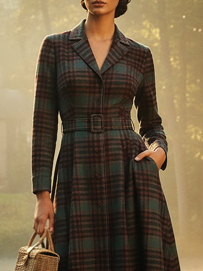 Manteau en Laine, Manches Longues, Col Revers, Carreaux, Ceinturé, Vintage, Cramoisi