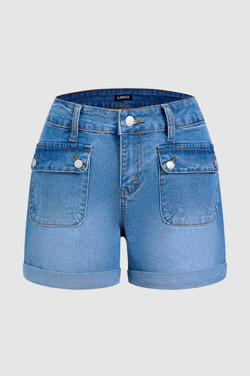 Wash Flap Pocket Roll Hem Mid Rise Denim Shorts Without Belt