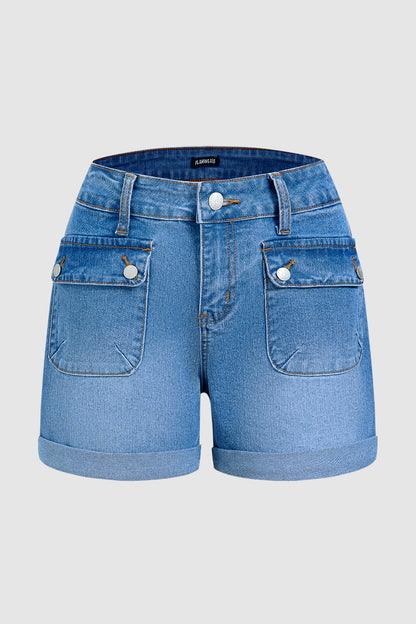 Wash Flap Pocket Roll Hem Mid Rise Denim Shorts Without Belt