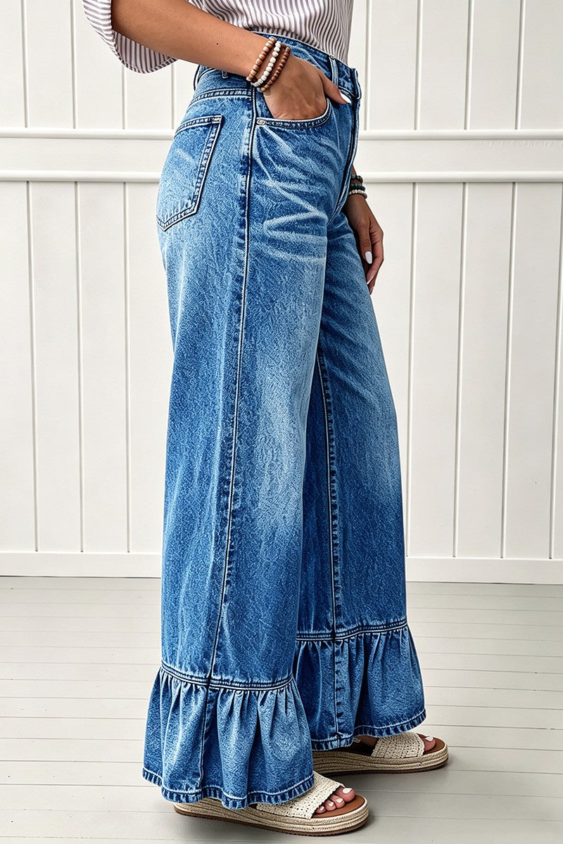 Wash Ruffle Hem High Waist Wide Leg Jeans