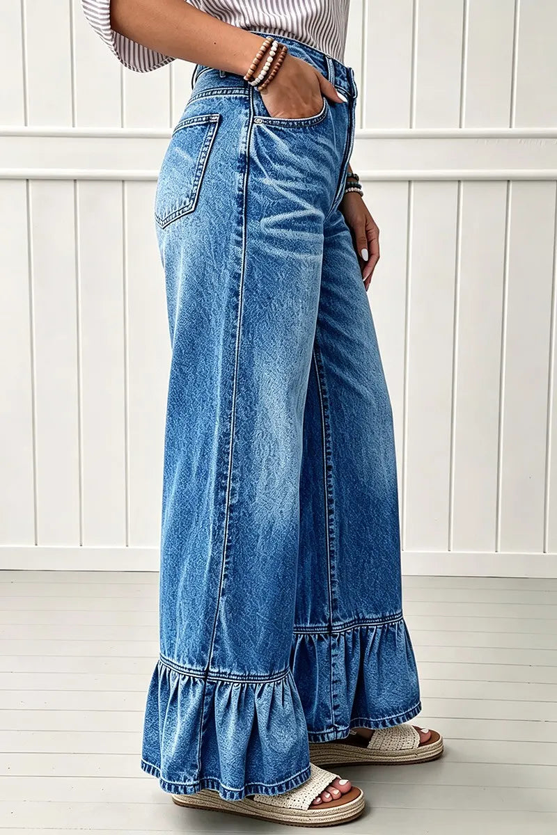 Wash Ruffle Hem High Waist Wide Leg Jeans