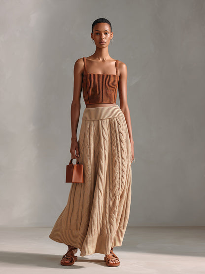 Chic Elegant Caramel Square-Neck Slim-Fit Ribbed Tank Top Camel A-Line Cable Knit Maxi Skirt Two-Piece Set