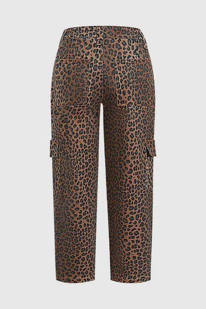 Leopard Print Flap Pocket High Waist Tapered Cargo Crop Pants Without Belt