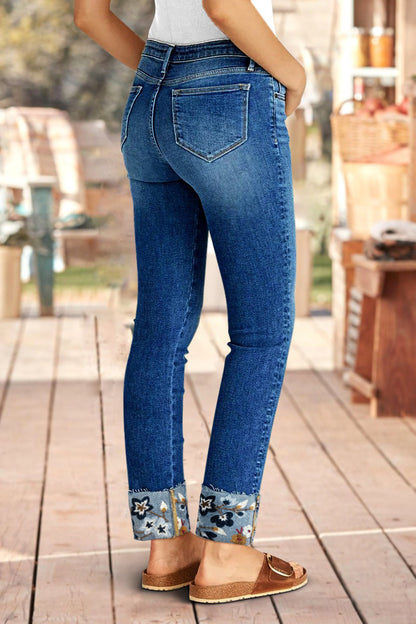 Roll Hem Floral Embroidery Mid Waist Straight Leg Crop Jeans