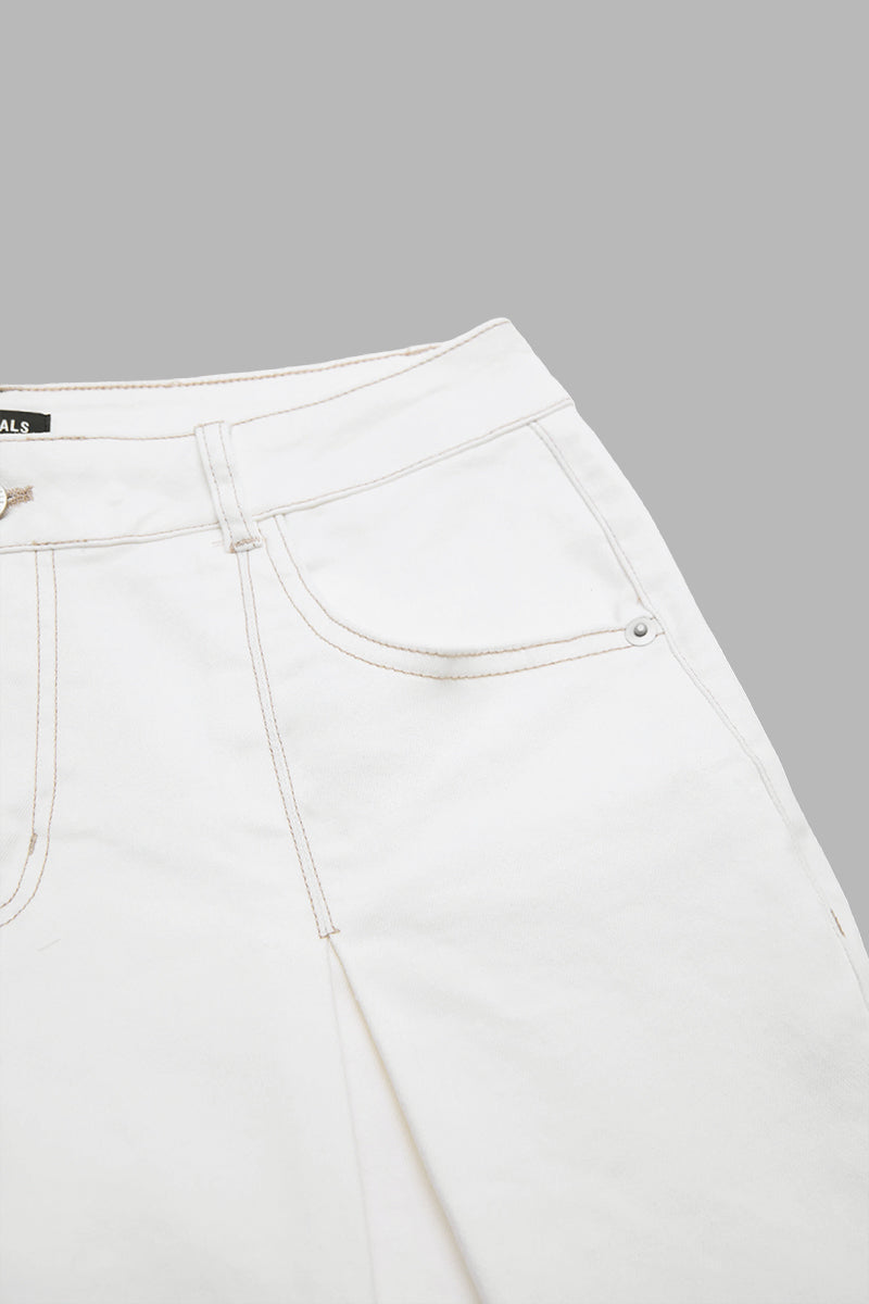 Solid Drawstring Stitch Detail Pleated Mid Waist Wide Leg Crop Pants Without Belt