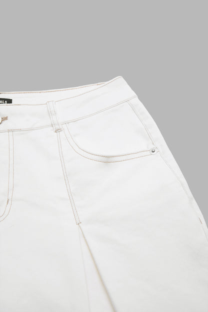 Solid Drawstring Stitch Detail Pleated Mid Waist Wide Leg Crop Pants Without Belt