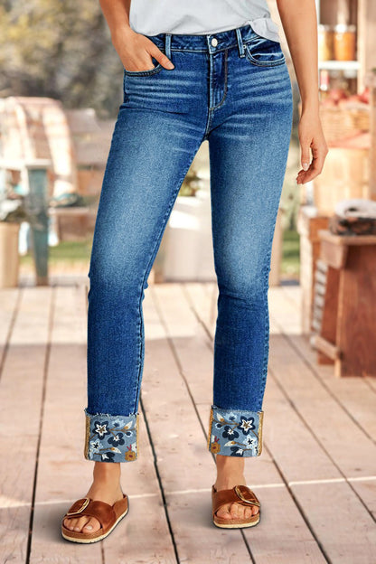 Roll Hem Floral Embroidery Mid Waist Straight Leg Crop Jeans