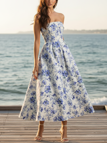 Robe longue en coton, sans manches, à fleurs, vacances, vintage, bleue