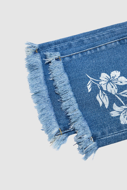 Floral Print Raw Hem Mid Waist Straight Leg Crop Jeans