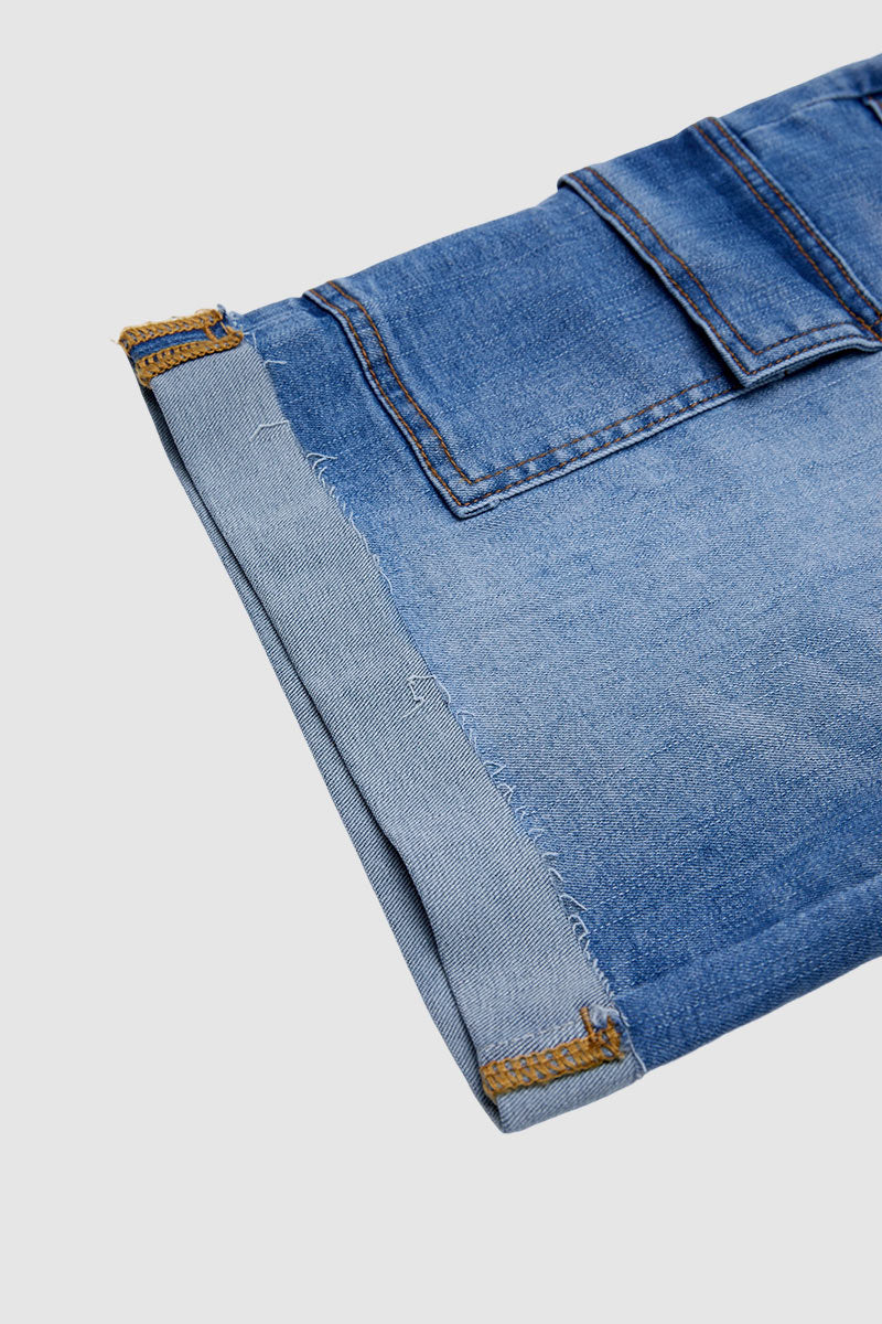 Wash Raw Hem Flap Pocket Mid Waist Denim Bermuda Shorts Without Belt