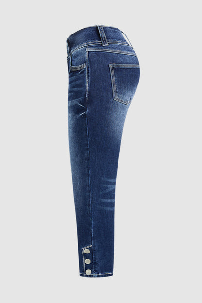 Wash Button Side Mid Waist Skinny Crop Jeans
