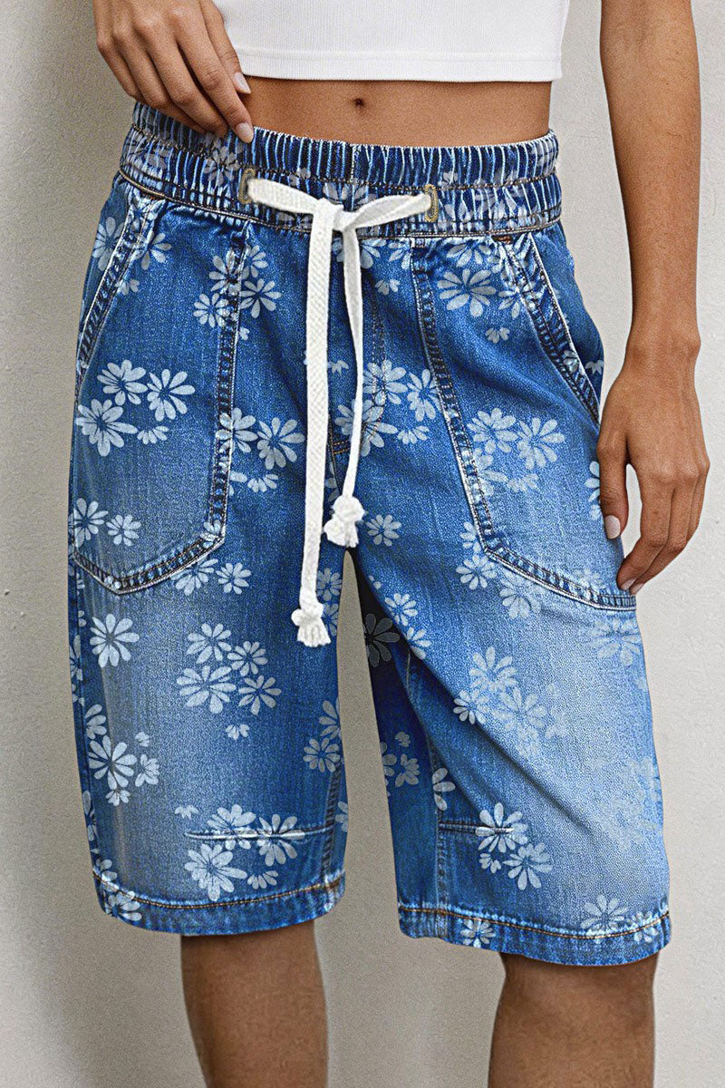 Floral Print Drawstring Mid Waist Denim Bermuda Shorts