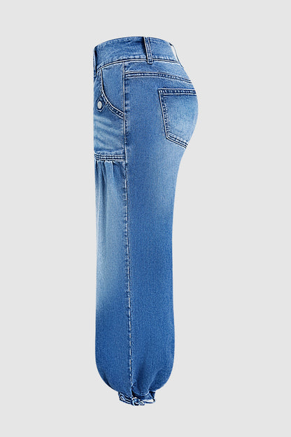 Wash Patch Pocket Drawstring Hem Mid Rise Cropped Wide Leg Jeans
