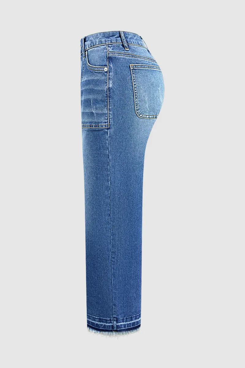 Wash Ripped Raw Hem Mid Rise Straight Leg Crop Jeans