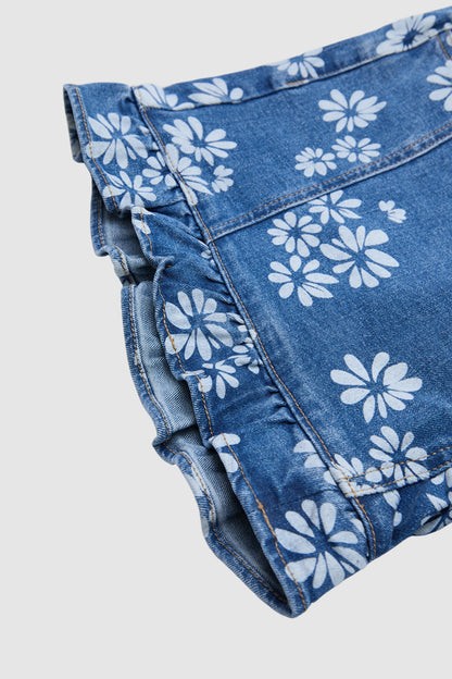 Floral Print Stitch Front Ruffle Hem Mid Rise Denim Shorts