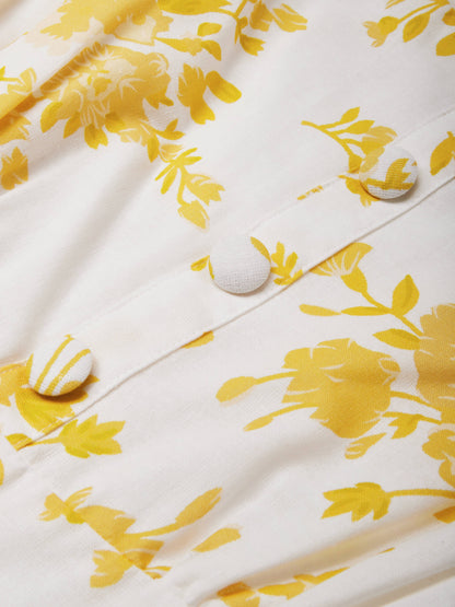 Robe longue en lin, manches cloche, col bateau, fleuri, vintage, jaune