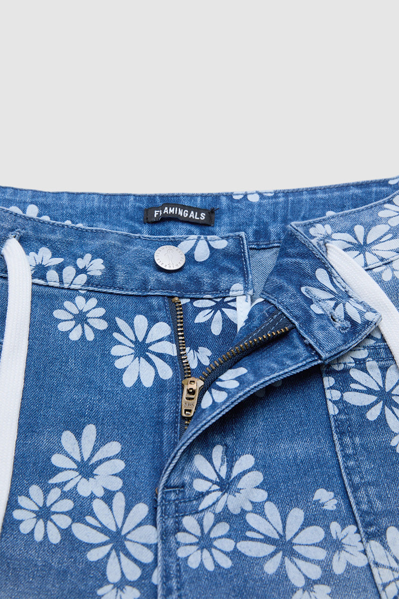Floral Print Patch Pocket Drawstring Mid Rise Mid Thigh Denim Shorts