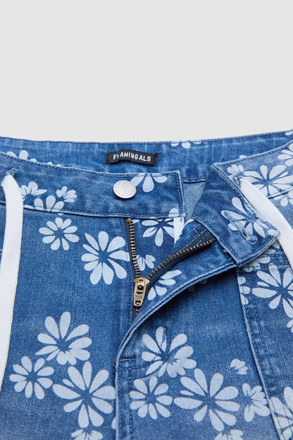 Floral Print Patch Pocket Drawstring Mid Rise Mid Thigh Denim Shorts