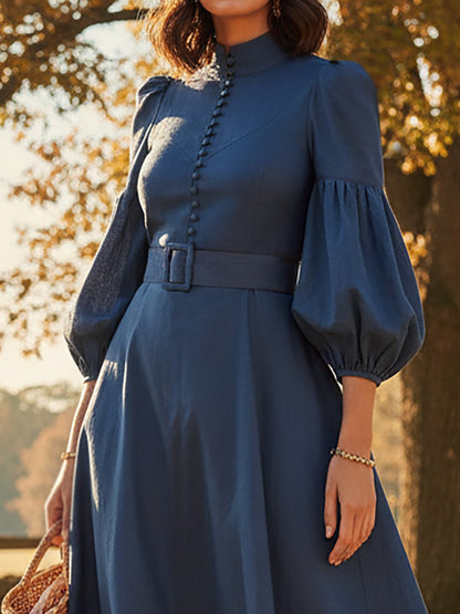 Robe longue en coton, demi-manches, col montant, unie, ceinture, vintage, bleu profond