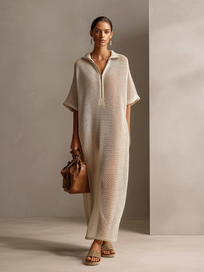 Chic Elegant Beige Zipper-Up Lapel Collar Short-Sleeve Oversize Hollow Out Knit Maxi Dress