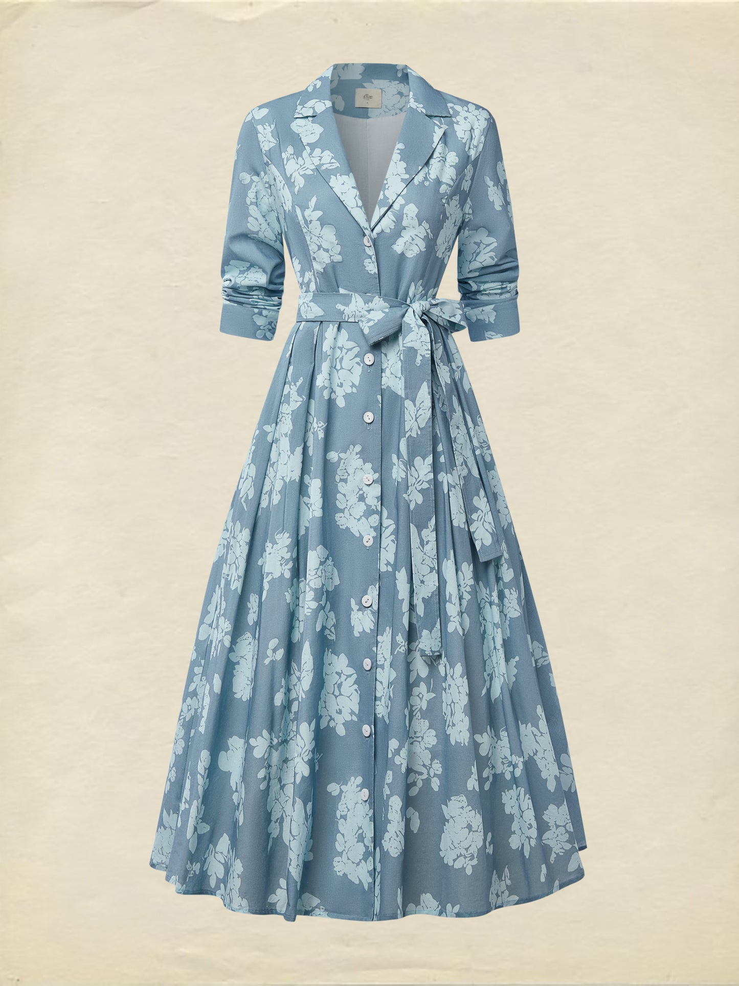 Robe midi en lin, manches courtes, col châle, florale, boutonnée, vintage, bleue