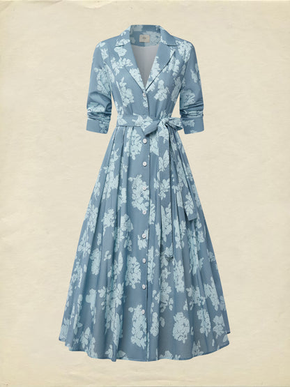 Robe midi en lin, manches courtes, col châle, florale, boutonnée, vintage, bleue