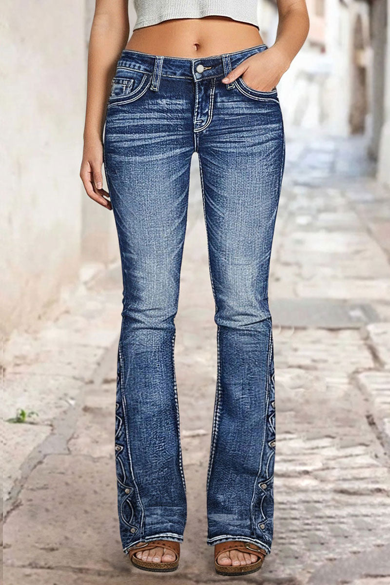 Wash Studded Side Mid Waist Bootcut Jeans Without Belt