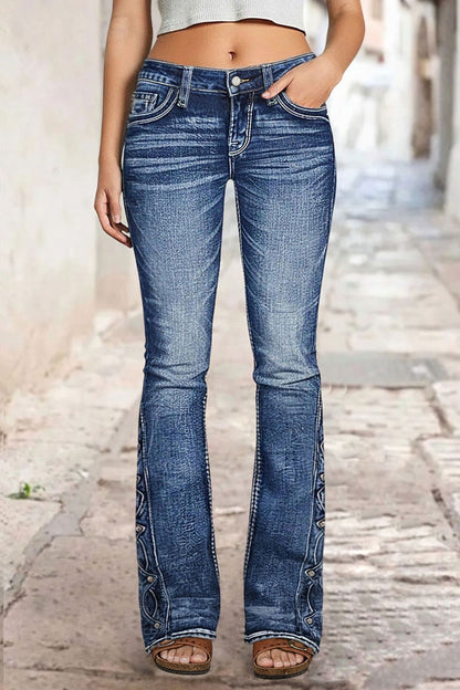 Wash Studded Side Mid Waist Bootcut Jeans Without Belt