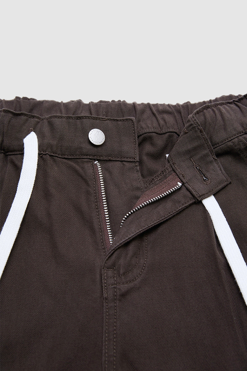 Solid Flap Pocket Drawstring Elastic Mid Waist Wide Leg Cargo Pants