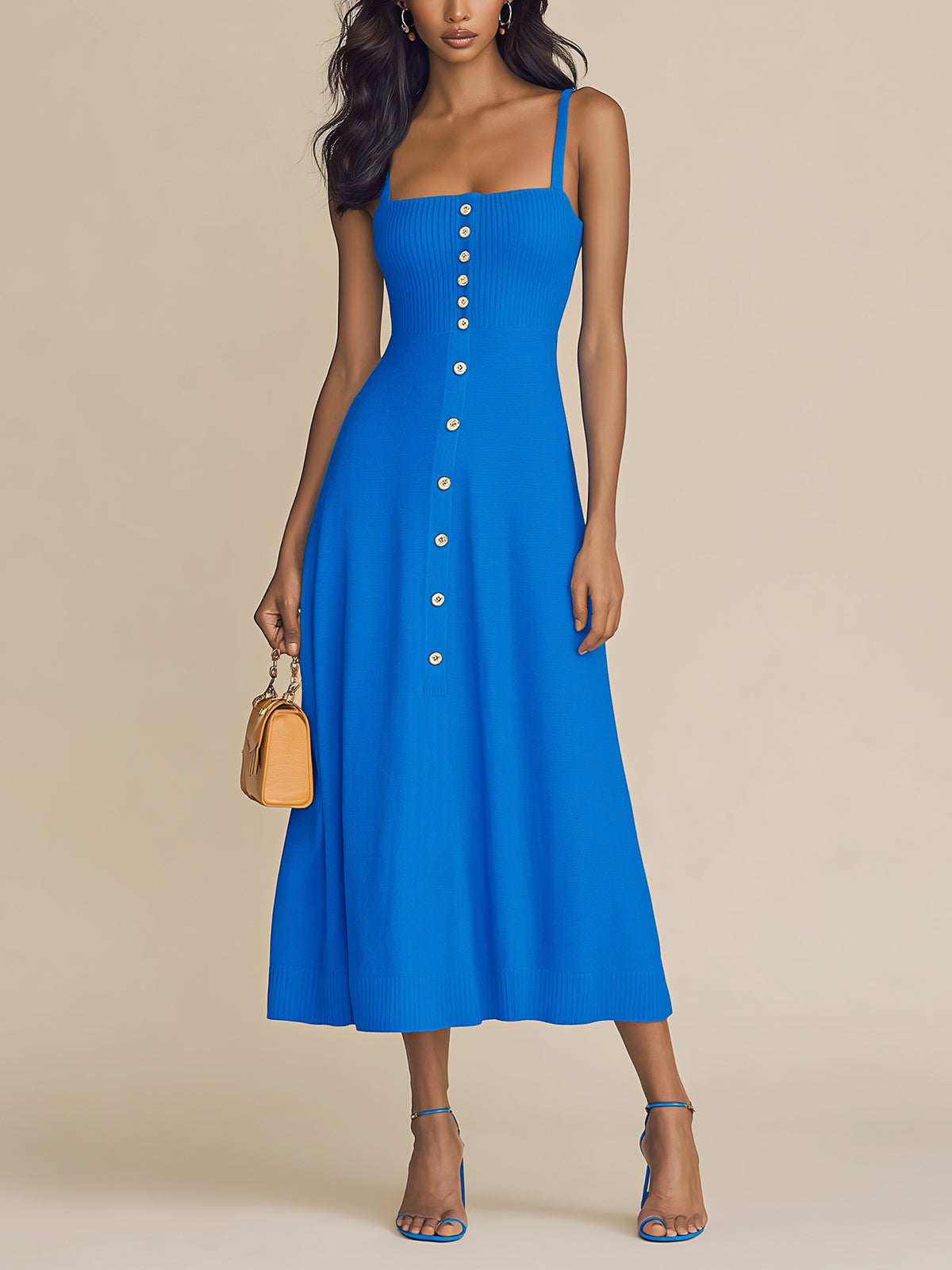 Chic Elegant Royal Blue Thin Straps Sleeveless Button-Front Slim-Fit Ribbed Knit A-Line Midi Dress