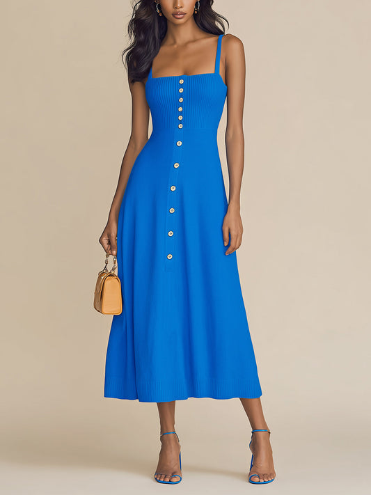 Chic Elegant Royal Blue Thin Straps Sleeveless Button-Front Slim-Fit Ribbed Knit A-Line Midi Dress