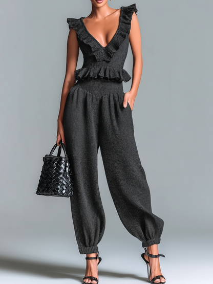 Stylish Elegant Black V-neck Sleeveless Ruffle Sweater Top High-Waist Balloon Pants Knit Two-Piece Set