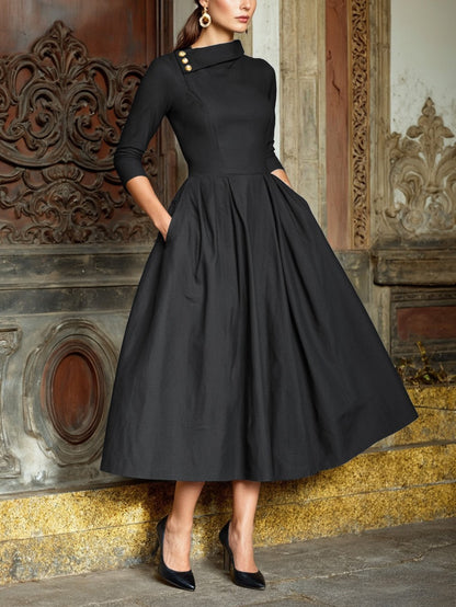 Robe midi en coton, manches courtes, col châle, unie, poches, vintage, cramoisie