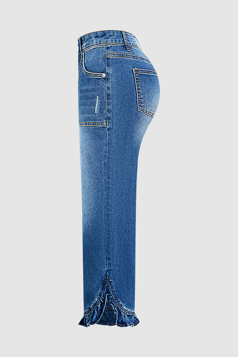Wash Ruffle Hem Patch Pocket Mid Waist Straight Leg Jeans Without Belt