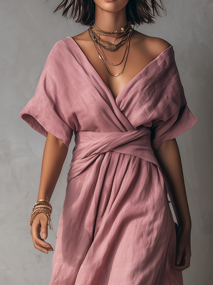 Robe longue élégante portefeuille à col en V avec ceinture
