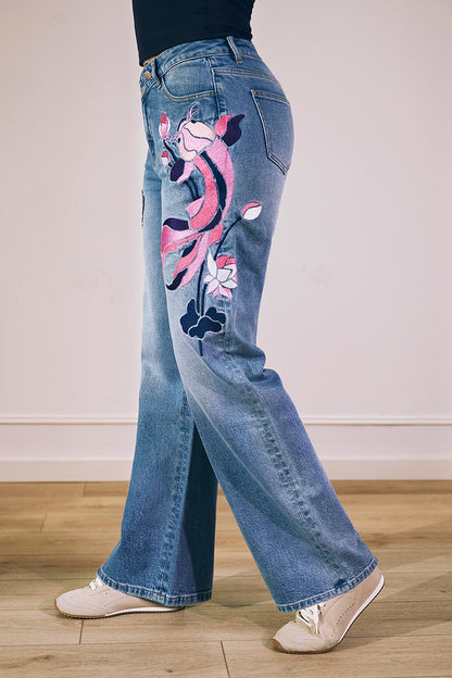 Wash Artistic Embroidery Dual Button Wrap Mid Waist Straight Leg Jeans
