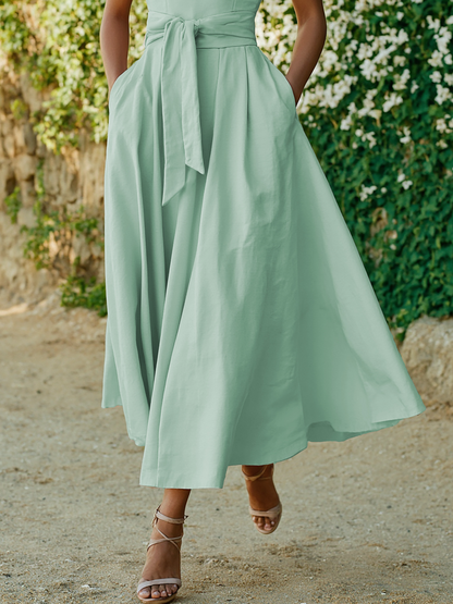 Robe longue en coton, sans manches, asymétrique (une épaule), unie, ceinture décorative, vintage, rose clair