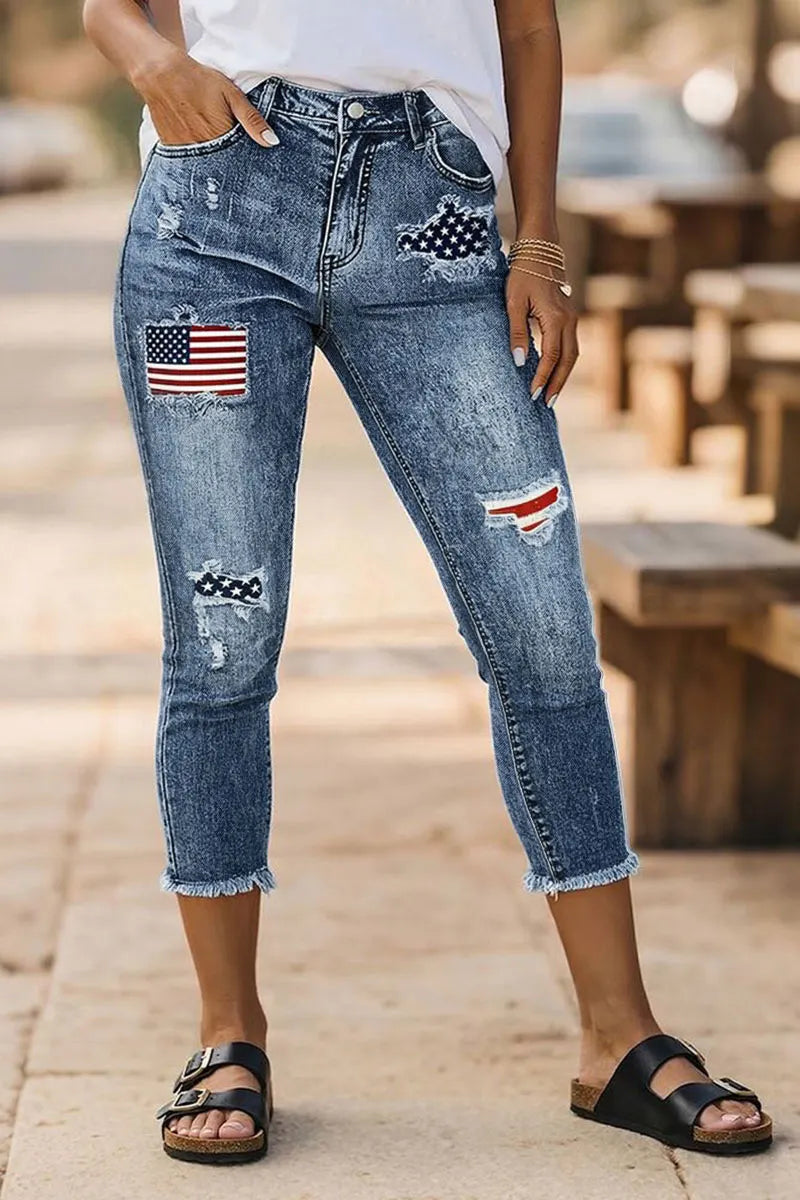 Wash American Flag Pattern Ripped Raw Hem Mid Rise Capri Skinny Jeans