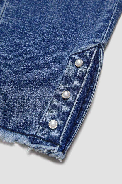 Pearl Button Side Raw Hem High Waist Skinny Jeans