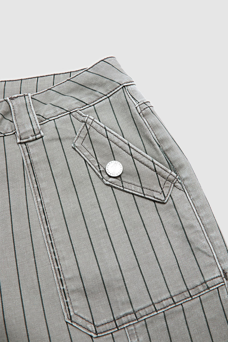 Striped Flap Decor Roll Hem High Waist Cropped Tapered Pants