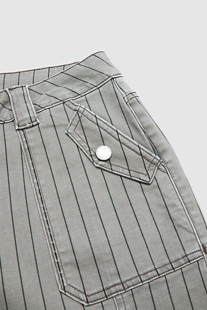 Striped Flap Decor Roll Hem High Waist Cropped Tapered Pants